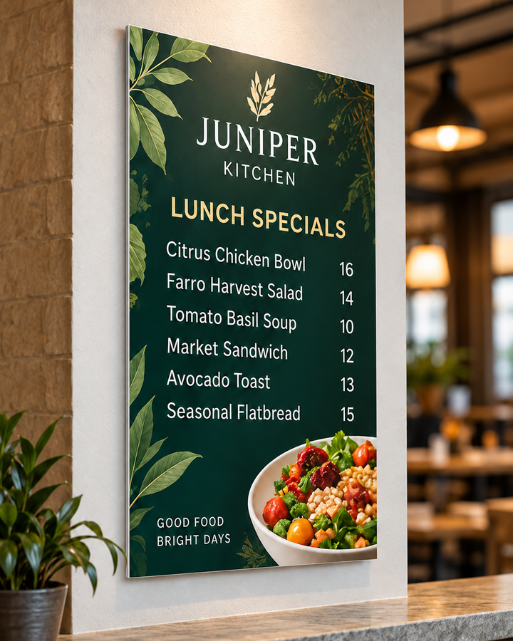 Menu board on magnet mount, lunch menu concept