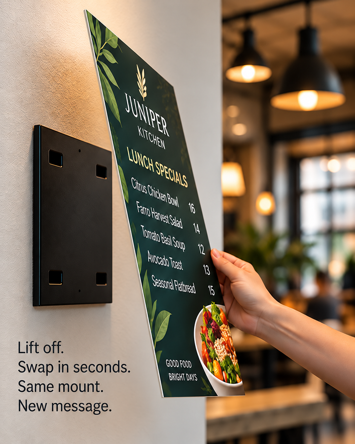 Swapping menu boards on the hidden magnet mount