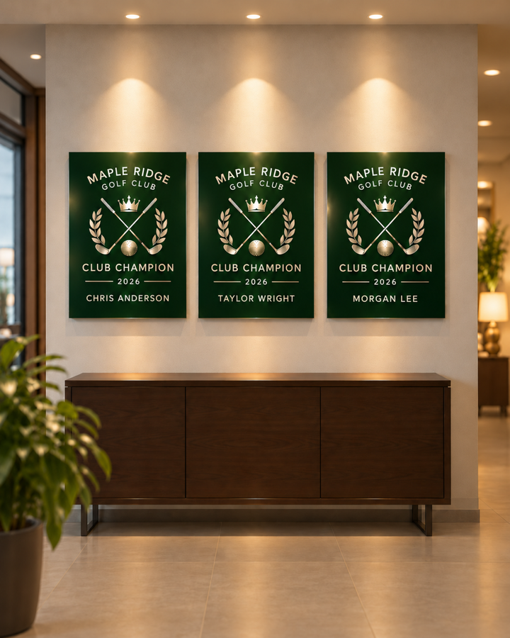 Clear Gloss Award, three golf club champion awards on a lobby wall