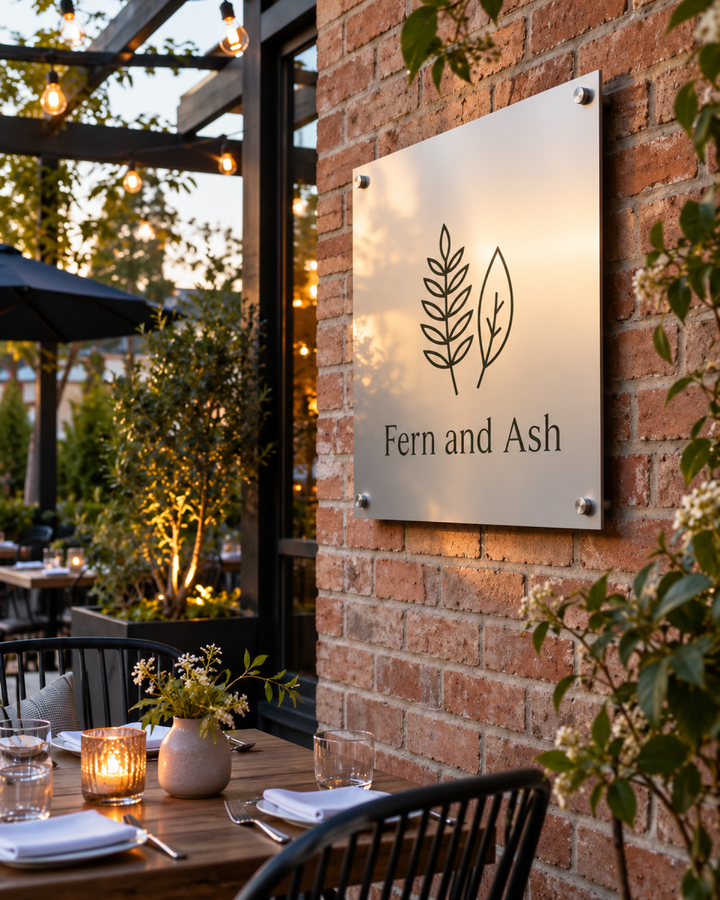 Metal signage, Clear Gloss patio sign with brushed aluminum showing through