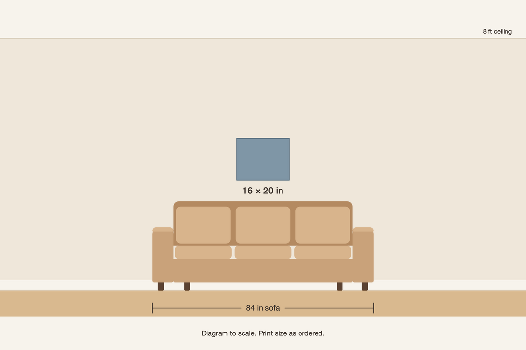 Scale diagram: 16 by 20 inch metal print shown above an 84 inch sofa for size reference