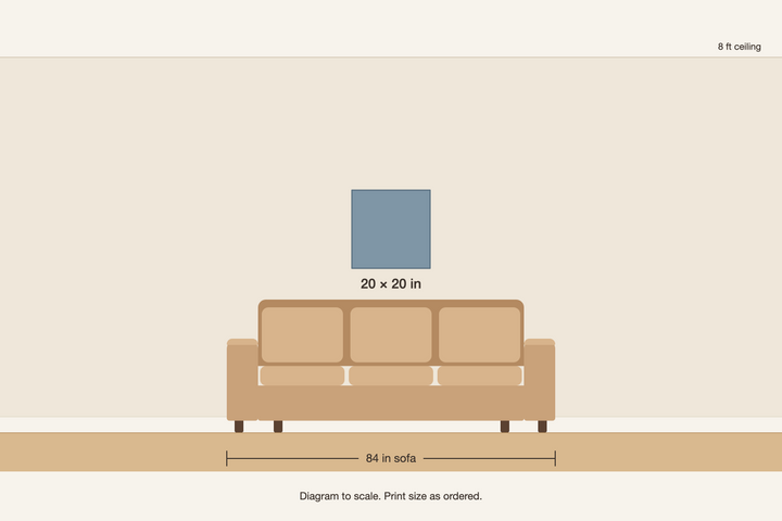 Scale diagram, 20 × 20 in print above an 84 in sofa