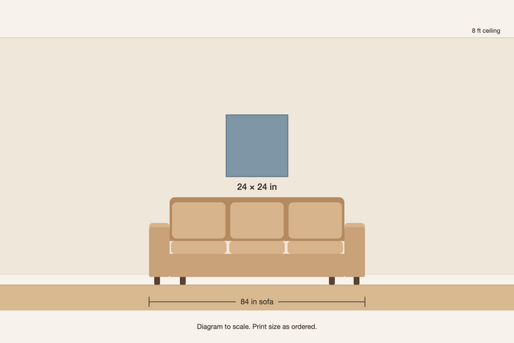 Scale diagram, 24 × 24 in print above an 84 in sofa